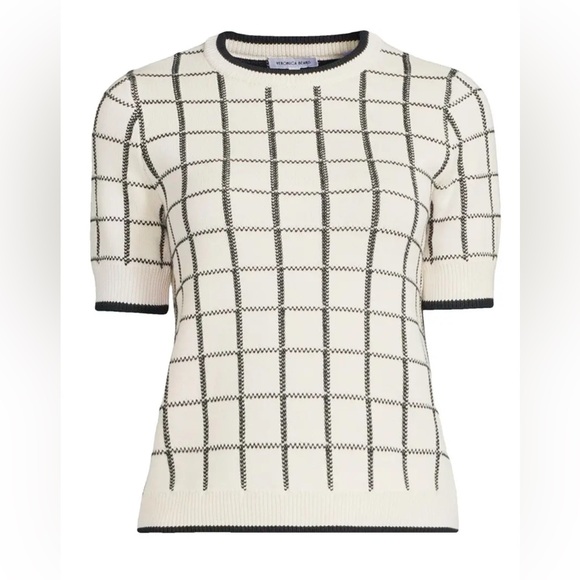 Veronica Beard Sweaters - Veronica Beard Windowpane Check Short Sleeve Sweater - Ivory and Navy